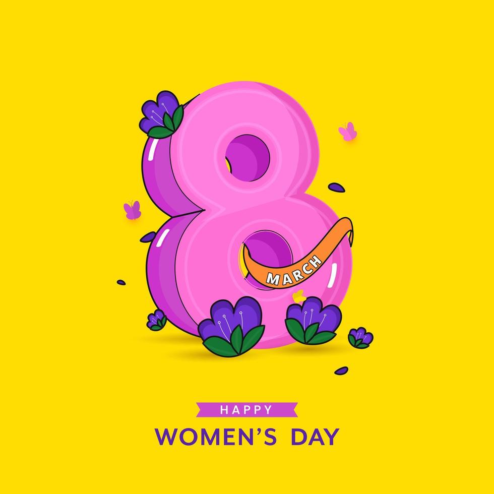 Happy Women's Day Concept With March of 3D 8 Number, Flowers, Butterflies On Yellow Background. vector
