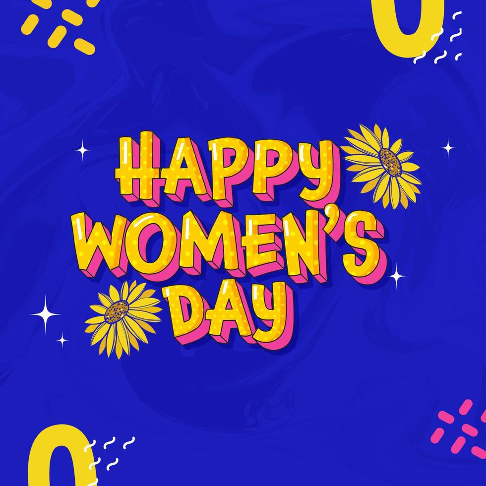 3D Style Happy Women's Day Text With Sunflowers On Blue Abstract Liquid Background. vector