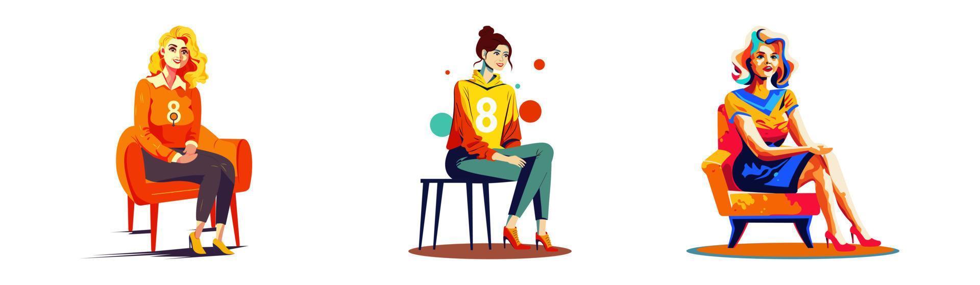 Three Fashionable Young Women Characters Sitting On Chair. vector