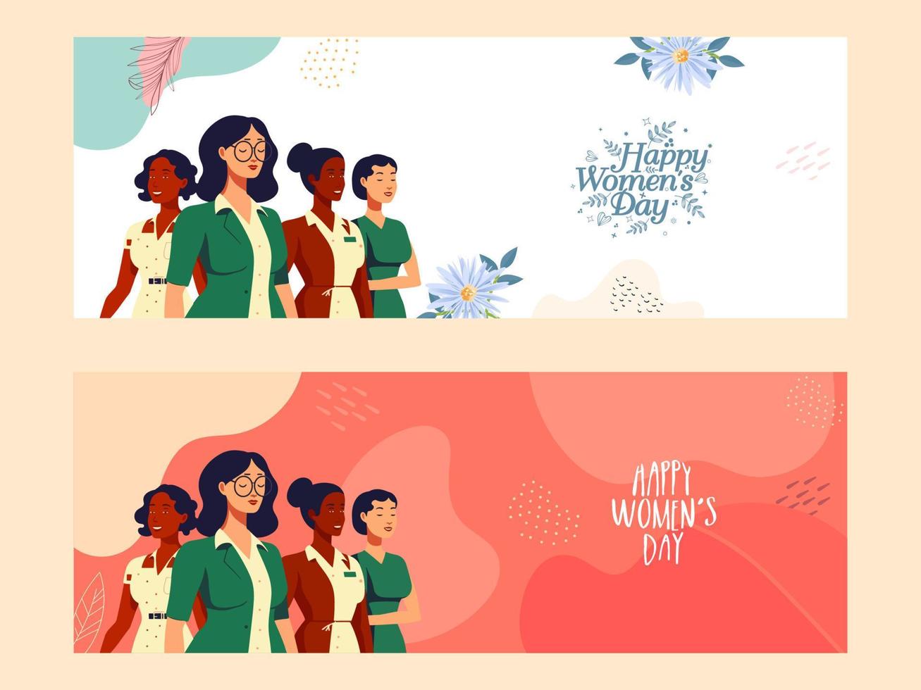 Happy Women's Day Banner or Header Set With Group of Young Women Characters. vector