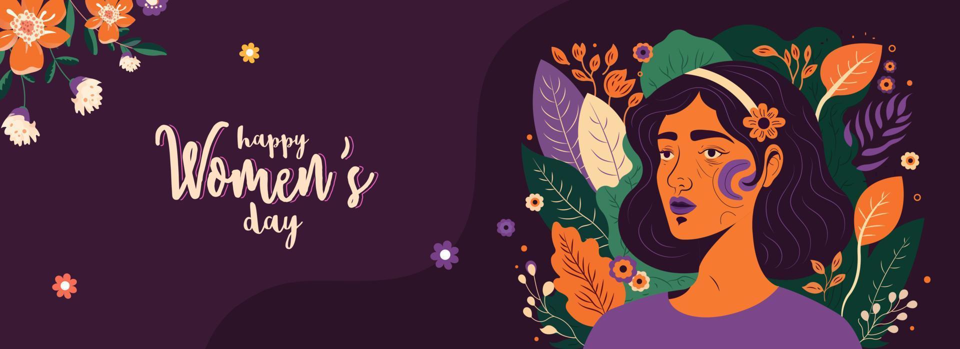 Happy Women's Day Banner Design With Fashionable Young Girl Character On Colorful Floral Decorated Background. vector