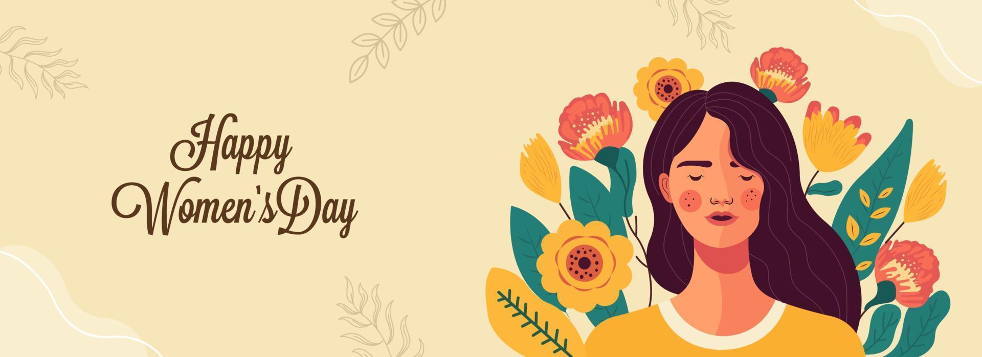 Happy Women's Day Banner Design With Young Woman Closing Her Eyes On Floral Decorated Background. vector