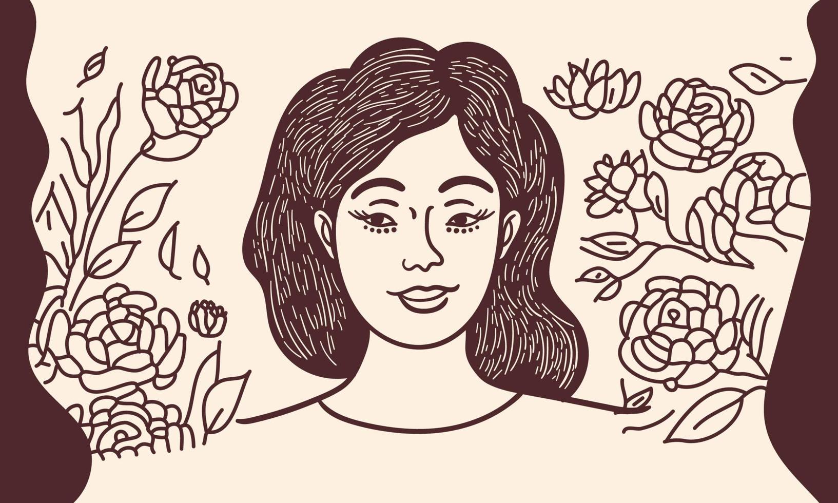 Sketching Smiley Young Girl Face On Floral Decorated Background. vector