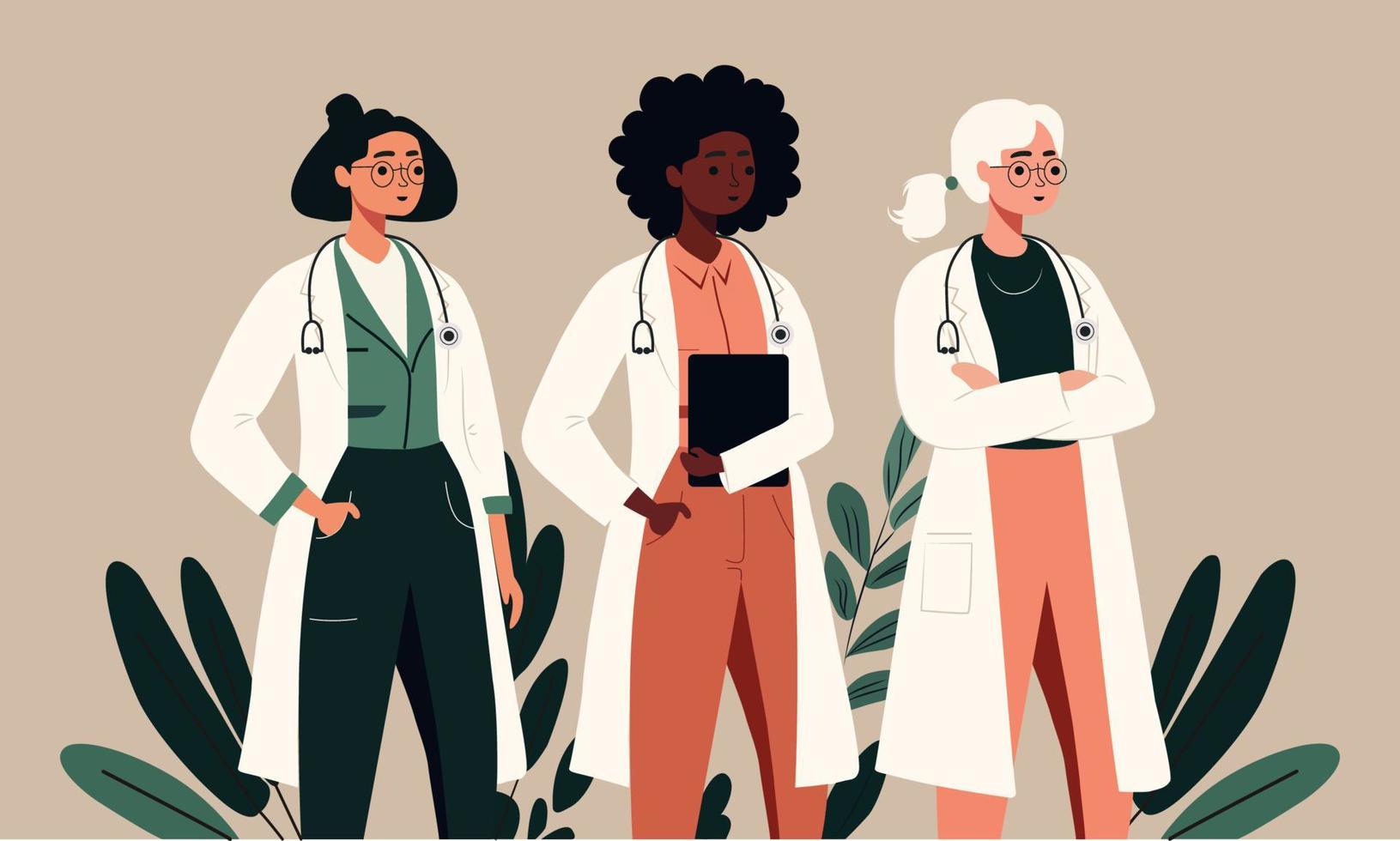 Three Female Doctor Or Nurse Character Against Leaves On Beige Background. vector