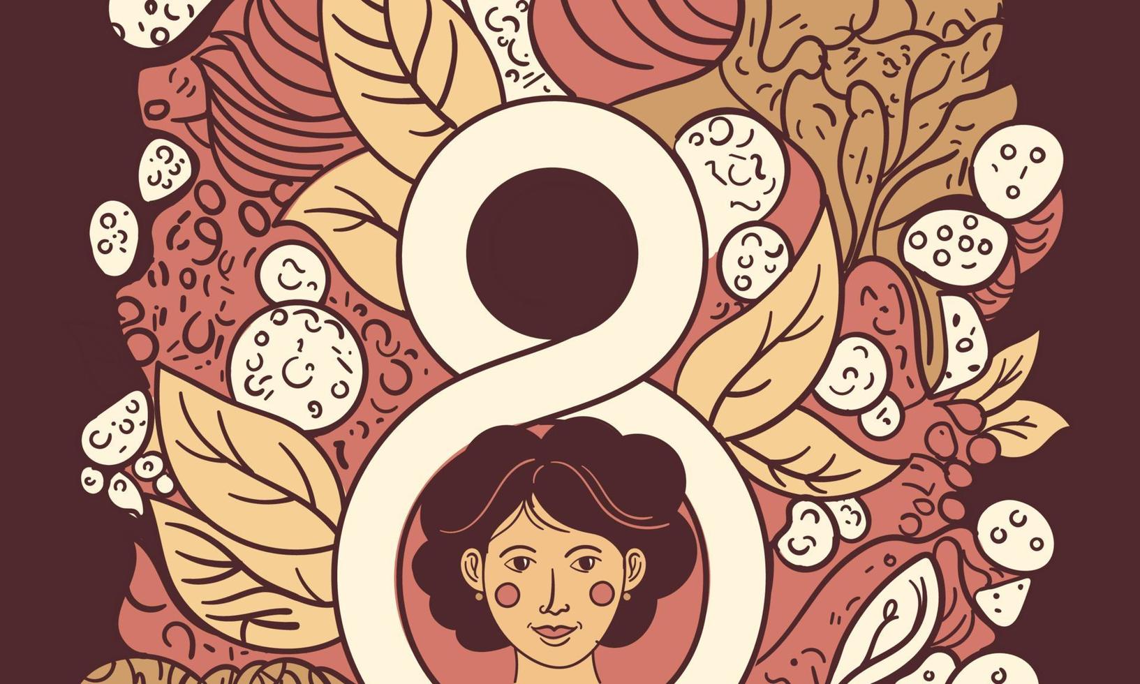 Portrait of Young Girl Face With 8 Number On Abstract Leaves Background. vector