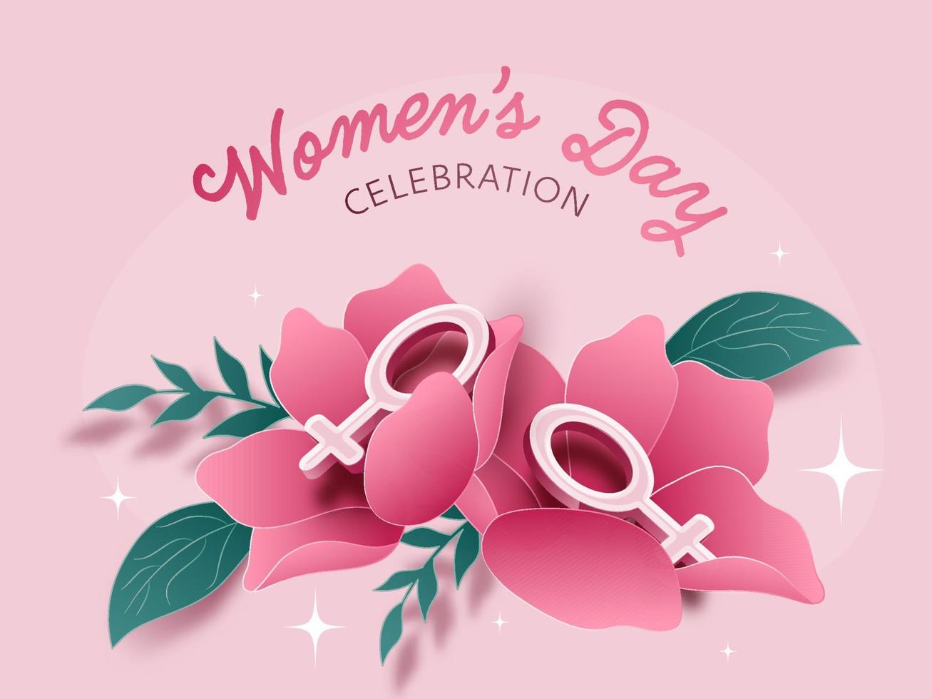 Women's Day Celebration Concept With Beautiful Paper Flowers, Leaves And 3D Venus Symbols On Pink Background. vector
