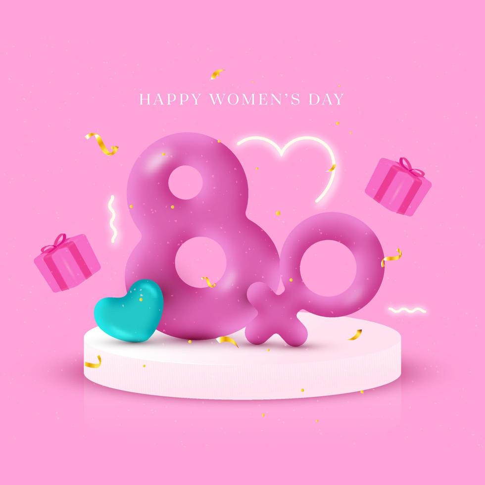 Happy Women's Day Concept With 3D Render of 8 Number, Venus Symbol, Hearts On Podium And Gift Boxes. vector