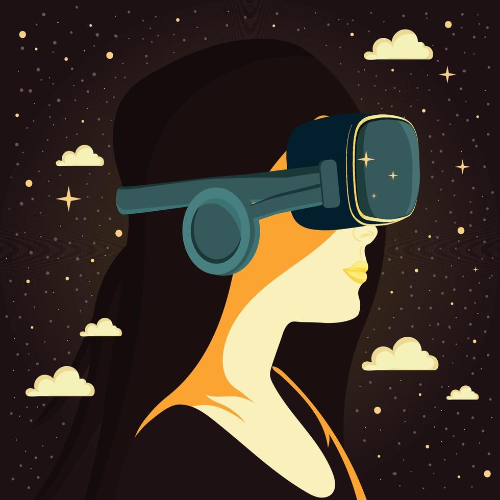 Vector Illustration Of Young Woman Wearing VR Box With Headphone On Brown Universe Clouds Background.