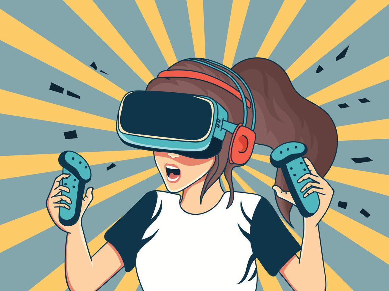 Excited Young Girl Character Wearing VR Headset With Using Controllers On Slate Blue And Yellow Rays Background. vector