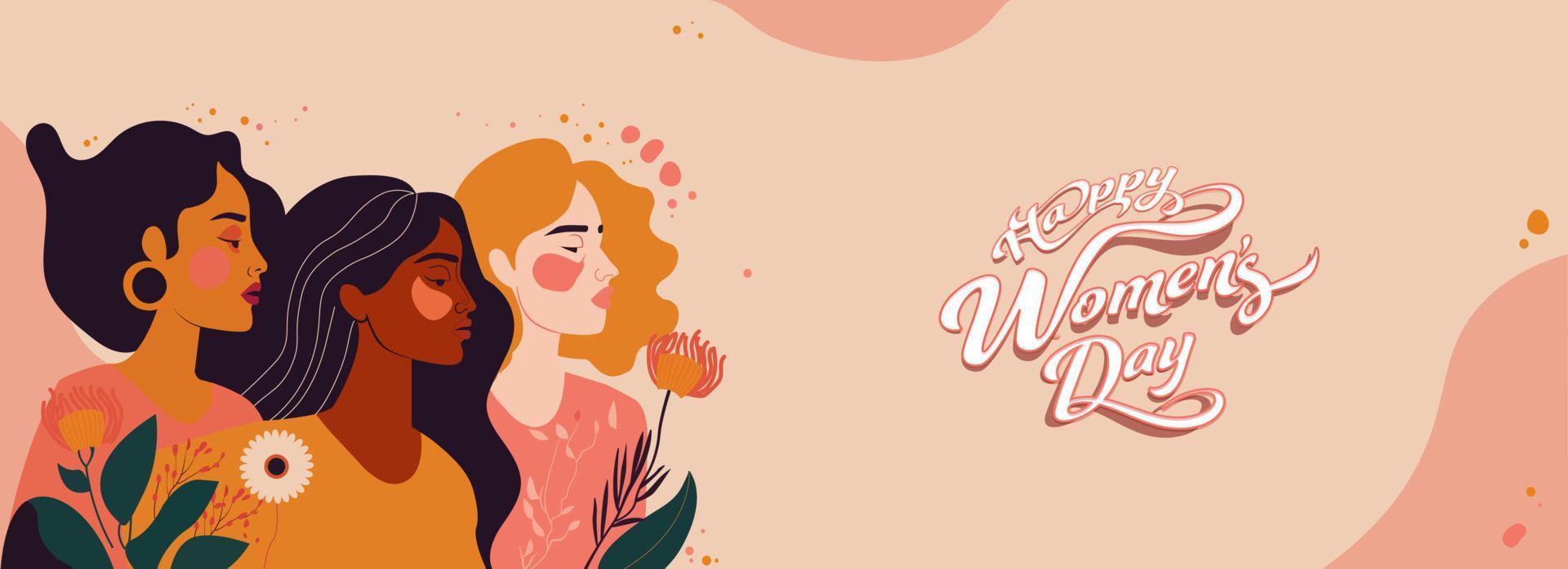 Sticker Style Happy Women's Day Text And Three Young Women Characters On Peach Background. vector