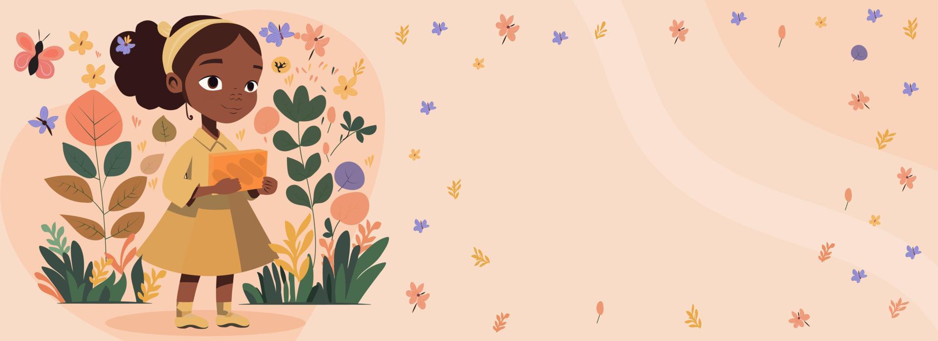 Young Girl Character Holding A Gift Box On Nature Background And Copy Space. Happy Women's Day Concept. vector