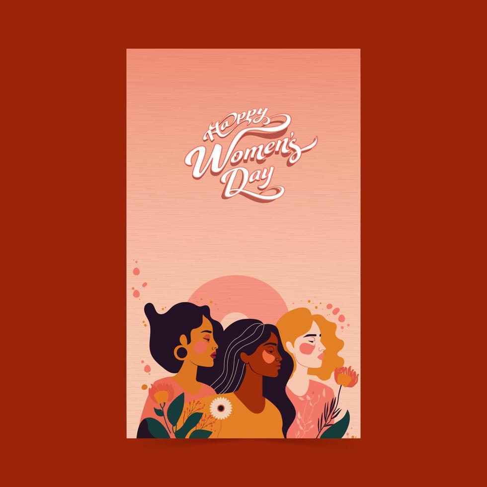 Sticker Style Happy Women's Day Text And Three Young Women Characters On Pastel Red Background. Vertical Banner Design. vector