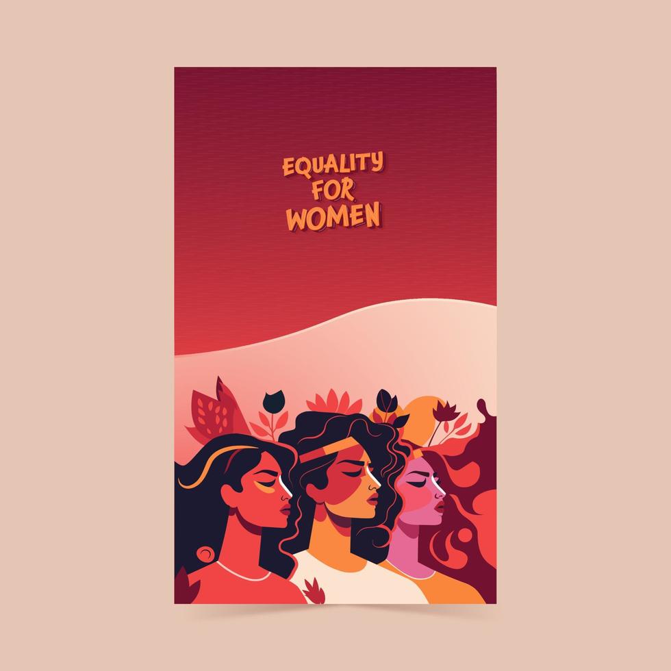 contento De las mujeres día vertical bandera diseño con Tres joven muchachas caracteres y mensaje texto de igualdad para mujer. vector