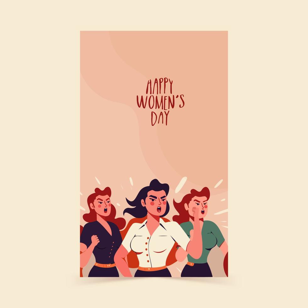 contento De las mujeres día vertical bandera diseño con de moda joven mujer caracteres gritos. vector