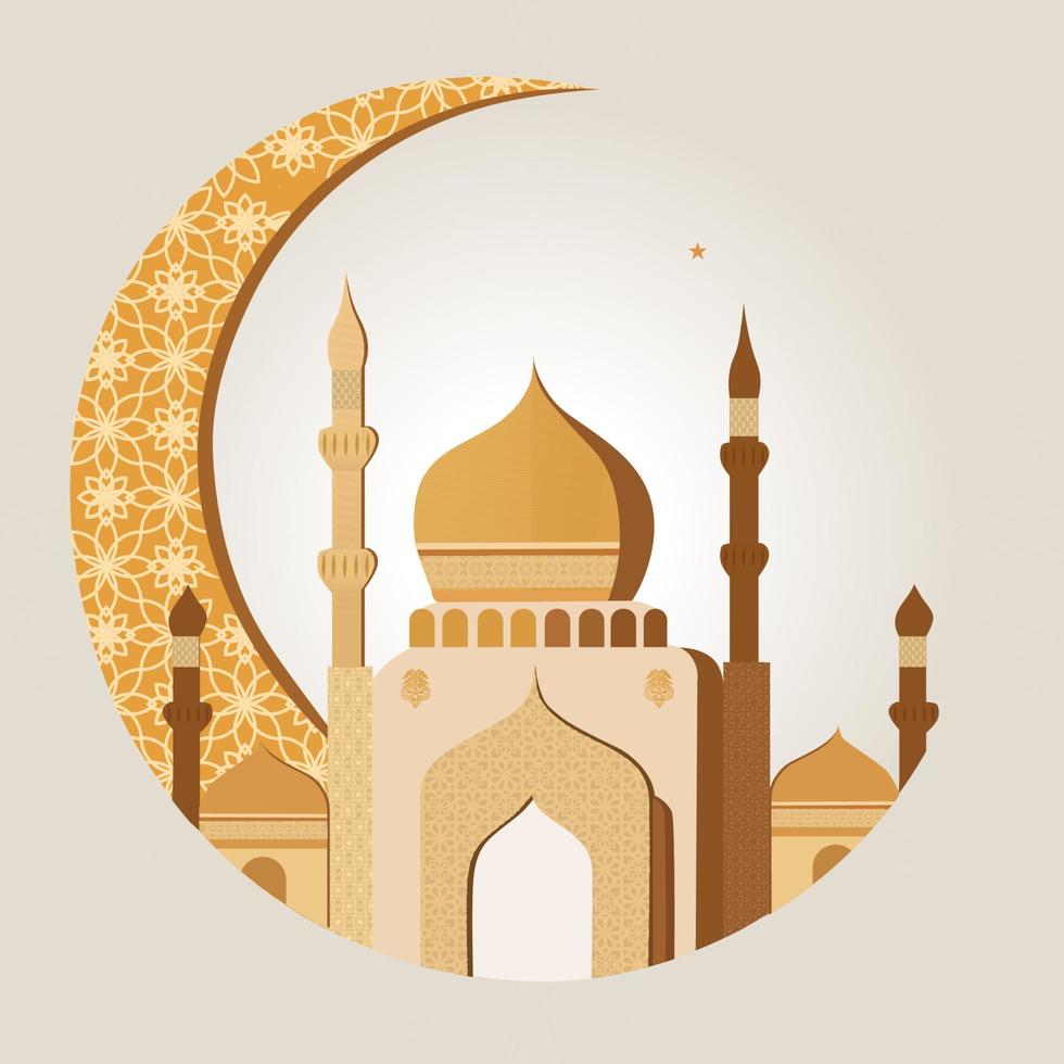 Illustration of Crescent Moon With Carved Mosque On Gray Background. Islamic Festival Concept. vector