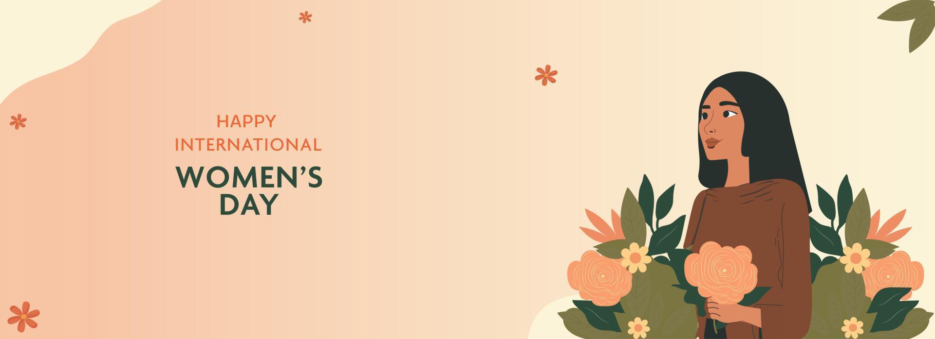 Happy International Women's Day Banner Design With Young Woman Character On Floral Decorated Pastel Peach Background. vector
