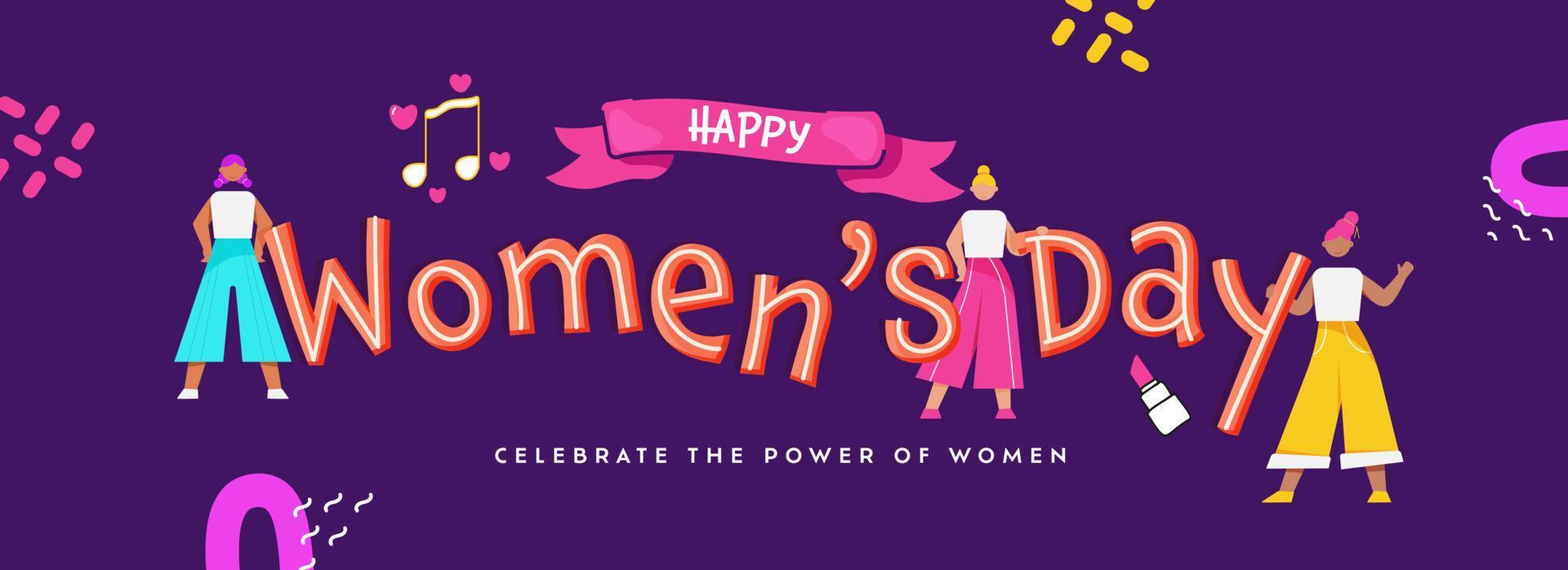 Happy Women's Day Concept With Faceless Fashionable Young Women Characters On Purple Background. vector