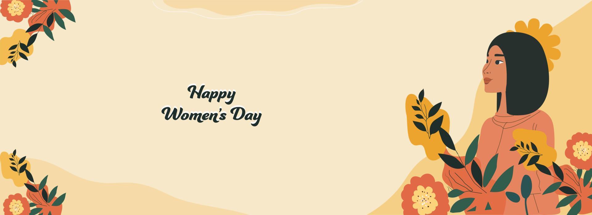 Happy Women's Day Banner Design With Young Girl Character On Floral Decorated Background. vector