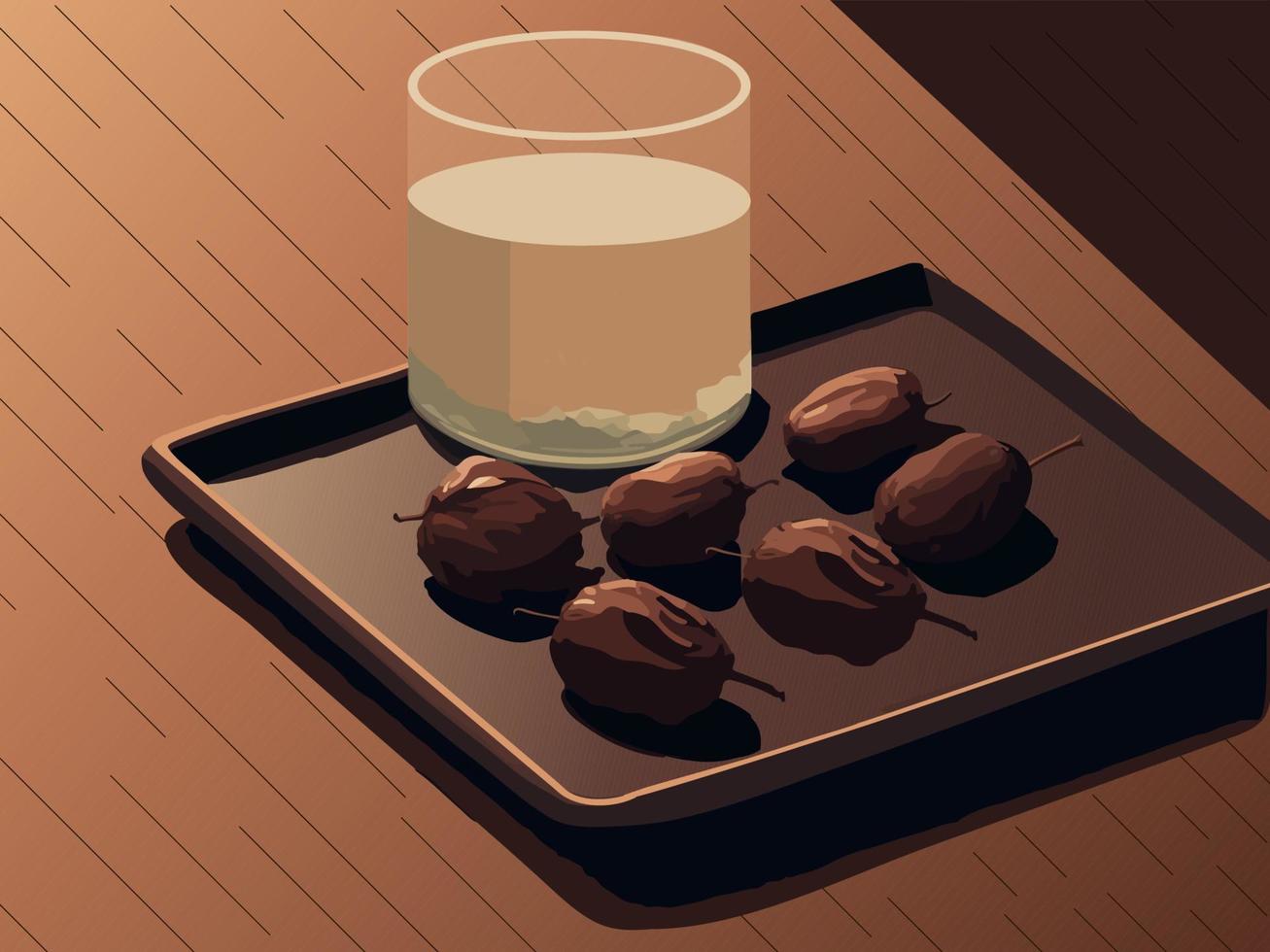 Water Glass And Dates Fruit On Tray Over Brown Wooden Texture Background. vector
