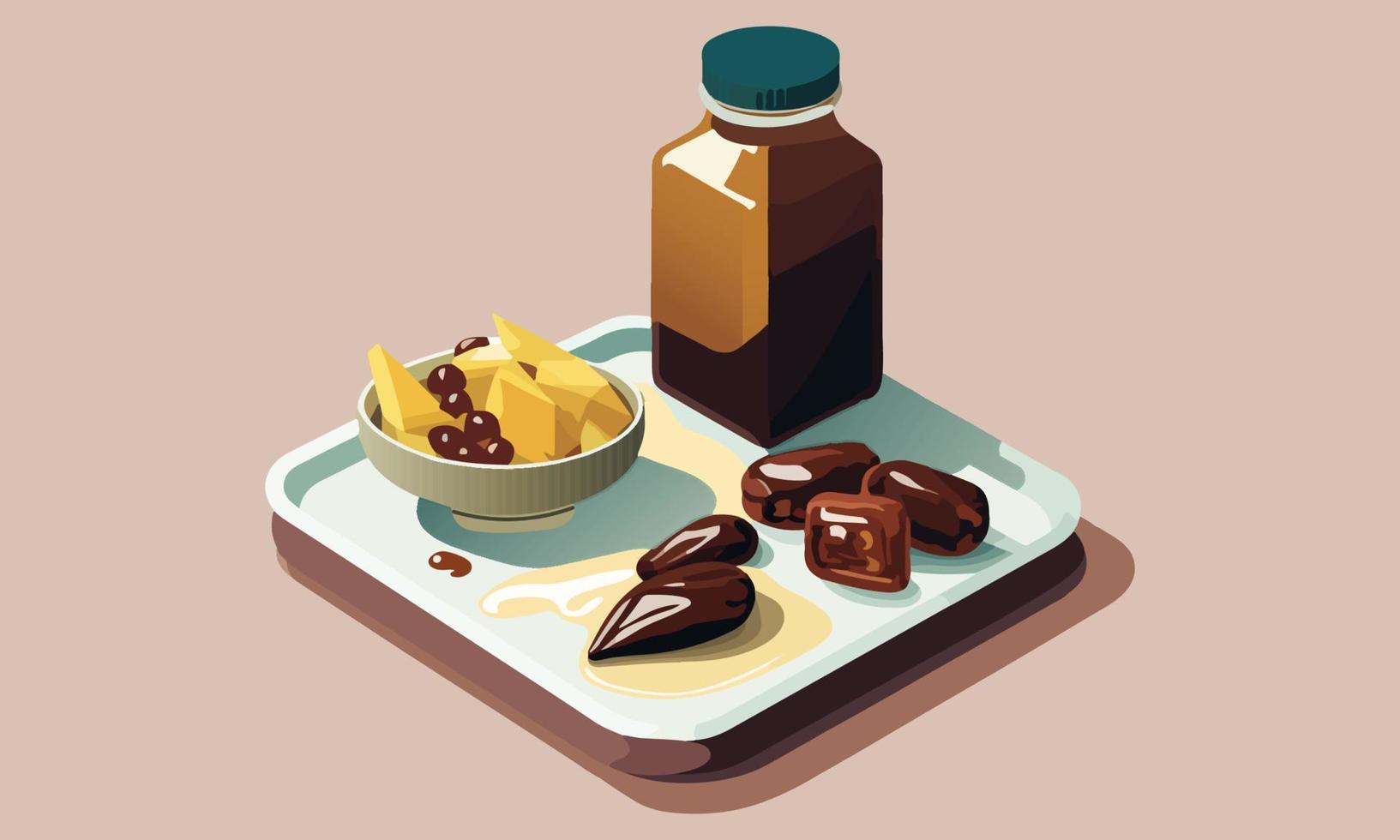Delicious Fruits And Jar On Plate Against Dark Beige Background. vector