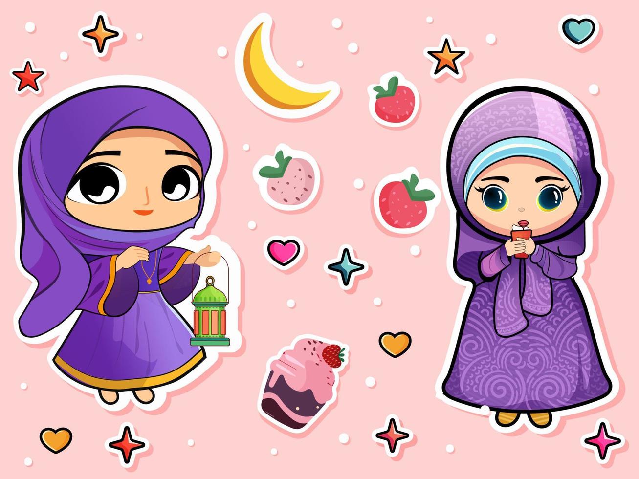 pegatina estilo linda dos musulmán muchachas personaje participación linterna con vaso y fresa, magdalena y estrellas, corazones en rosado antecedentes. eid o Ramadán festival concepto. vector