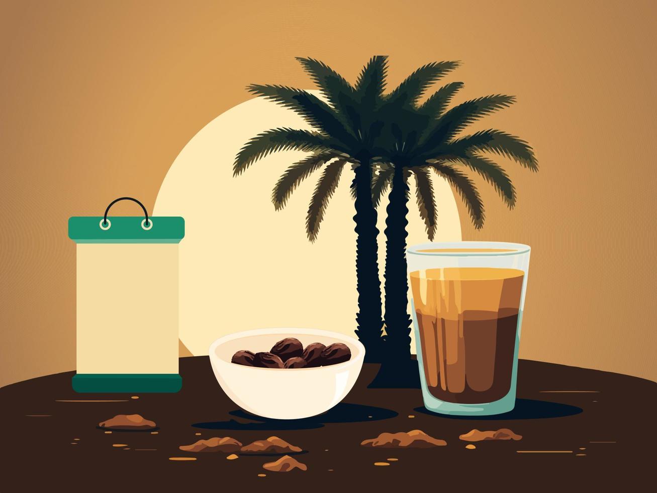 Dates Bowl With Drink Glass, Palm Trees On Sunrise or Sunset Background. Iftar or Suhoor Time Concept. vector