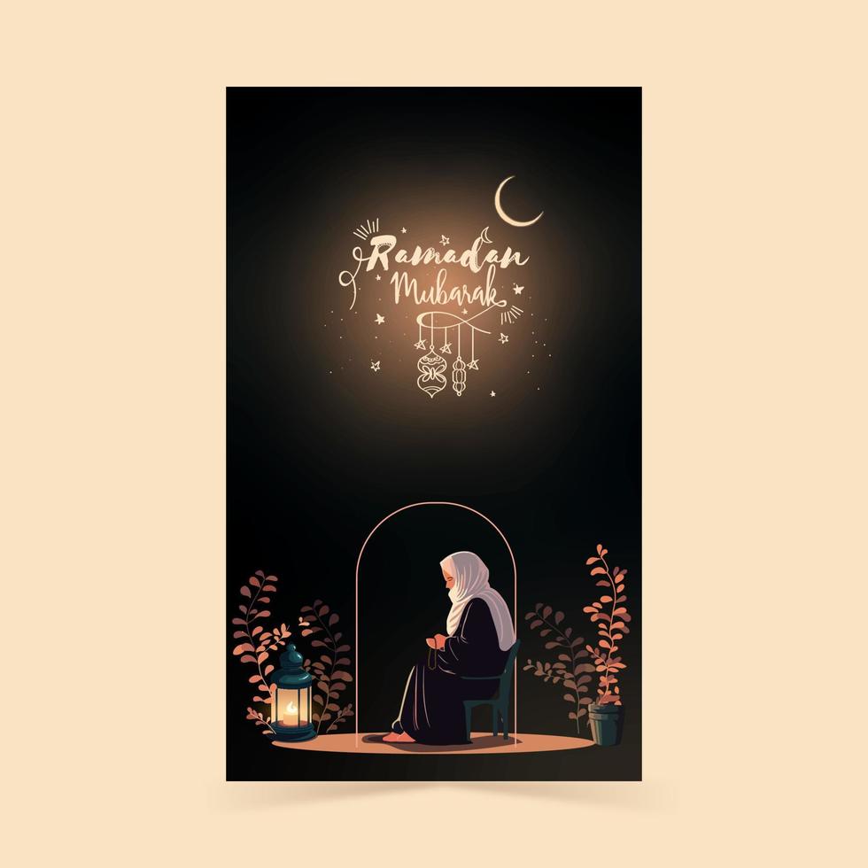 Ramadan Mubarak Vertical Banner Design, Muslim Woman Character Praying With Tasbih On Chair. vector