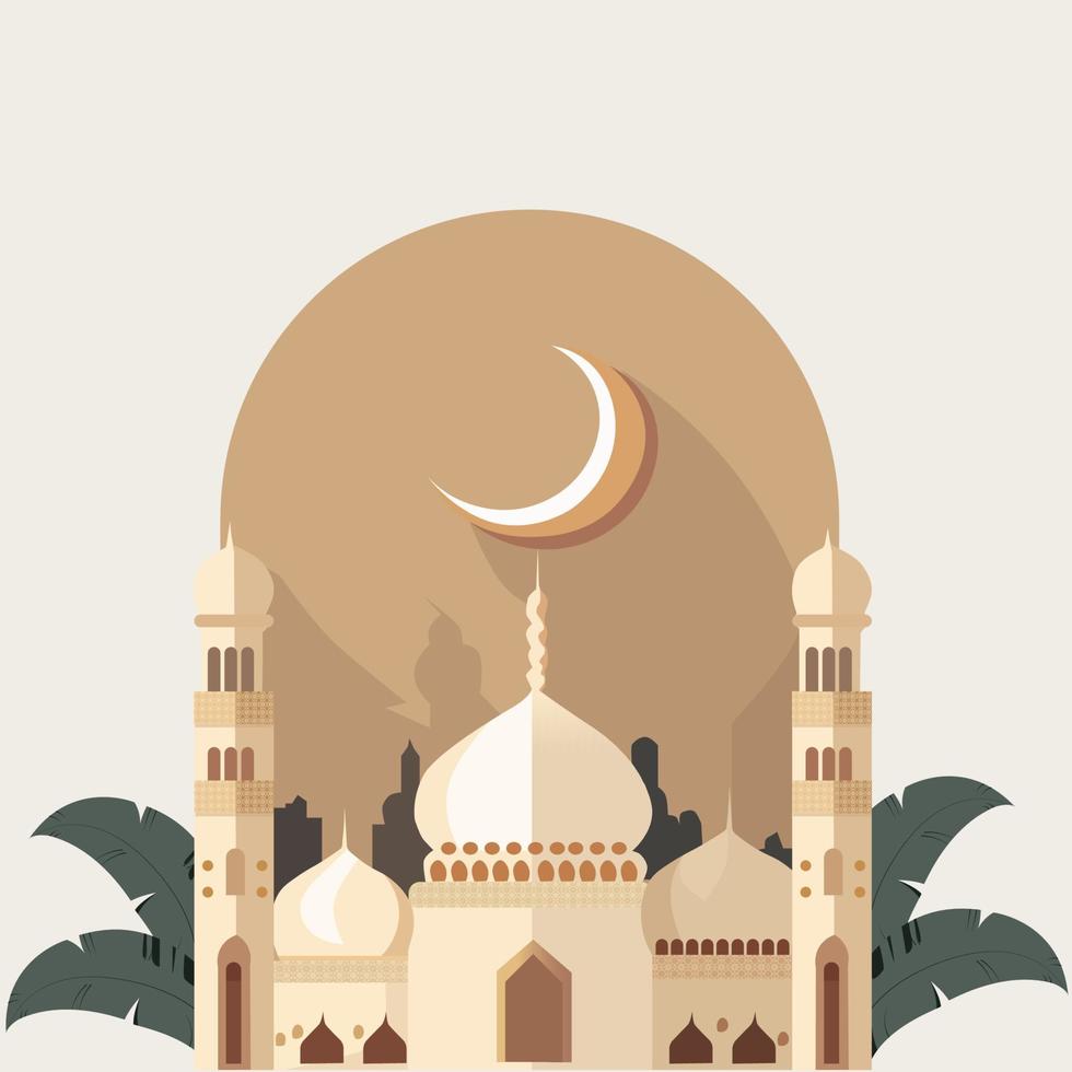 ilustración de mezquita arqueado con creciente Luna y Copiar espacio en beige antecedentes. vector