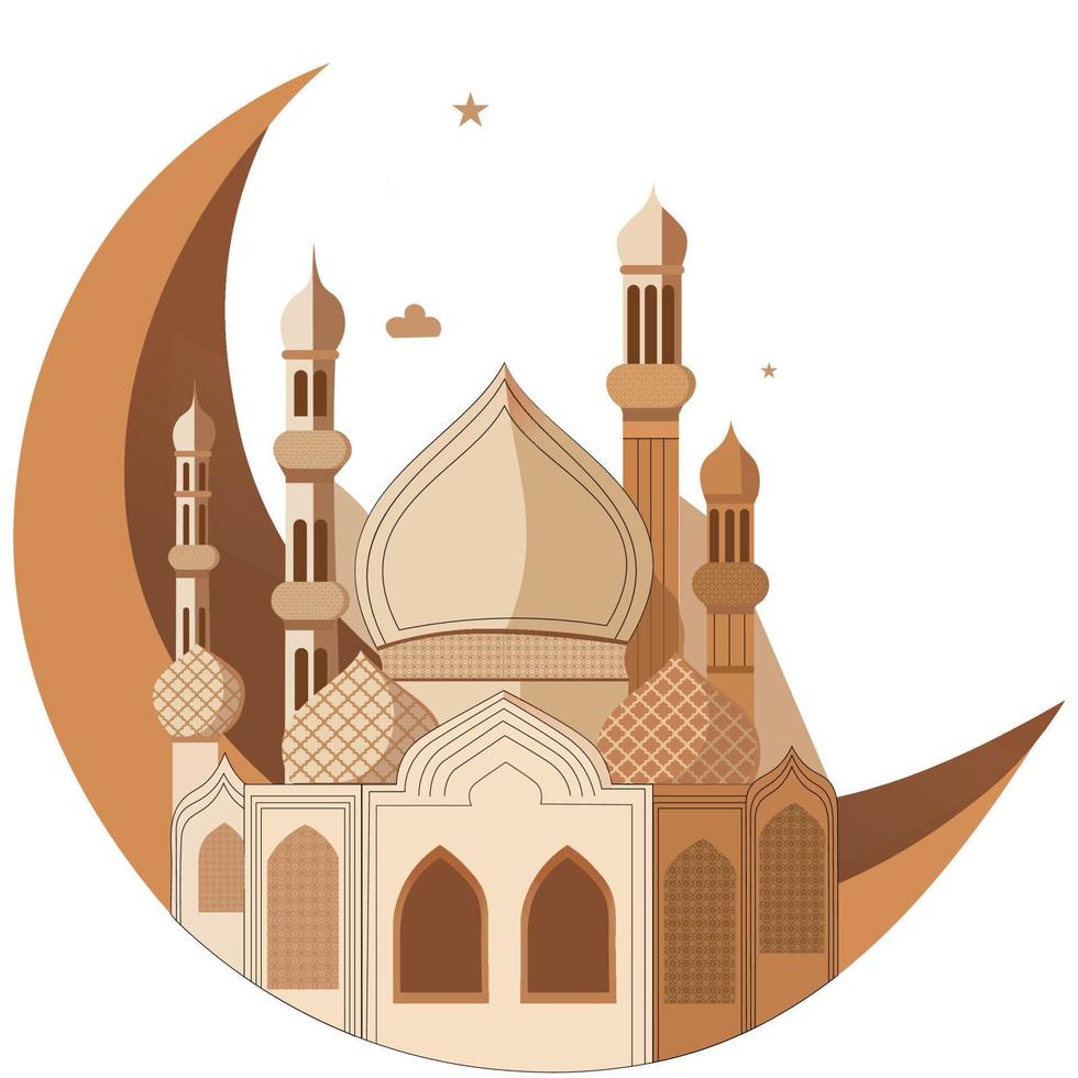 ilustración de creciente Luna con tallado mezquita, estrella en blanco antecedentes. islámico festival concepto. vector