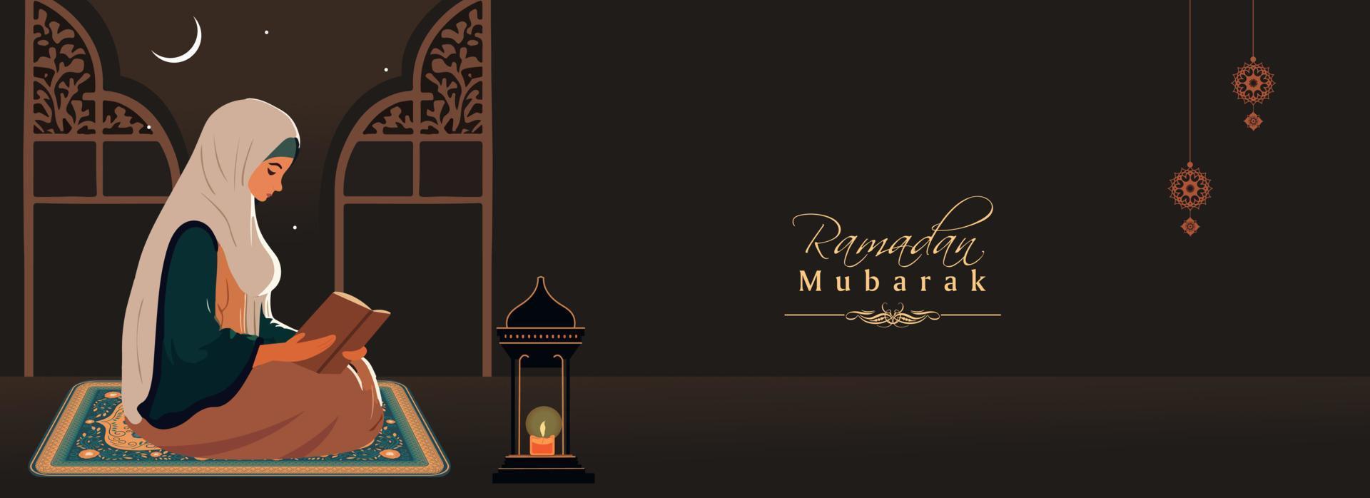 Ramadan Mubarak Banner Design With Young Muslim Woman Character Reading Quran Book On Mat And Illuminated Arabic Lamp In Night. vector
