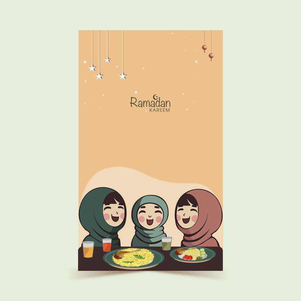 Ramadan Kareem Vertical Banner Design With Cheerful Muslim Girls Characters In Front of Delicious Foods On Peach Background. vector