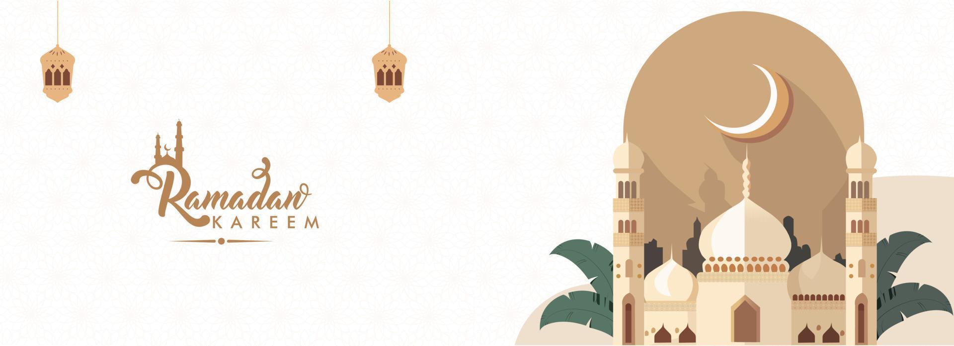 Ramadan Kareem Banner Design With Mosque Arch, Crescent Moon, Hanging Arabic Lanterns Decorated Background. vector