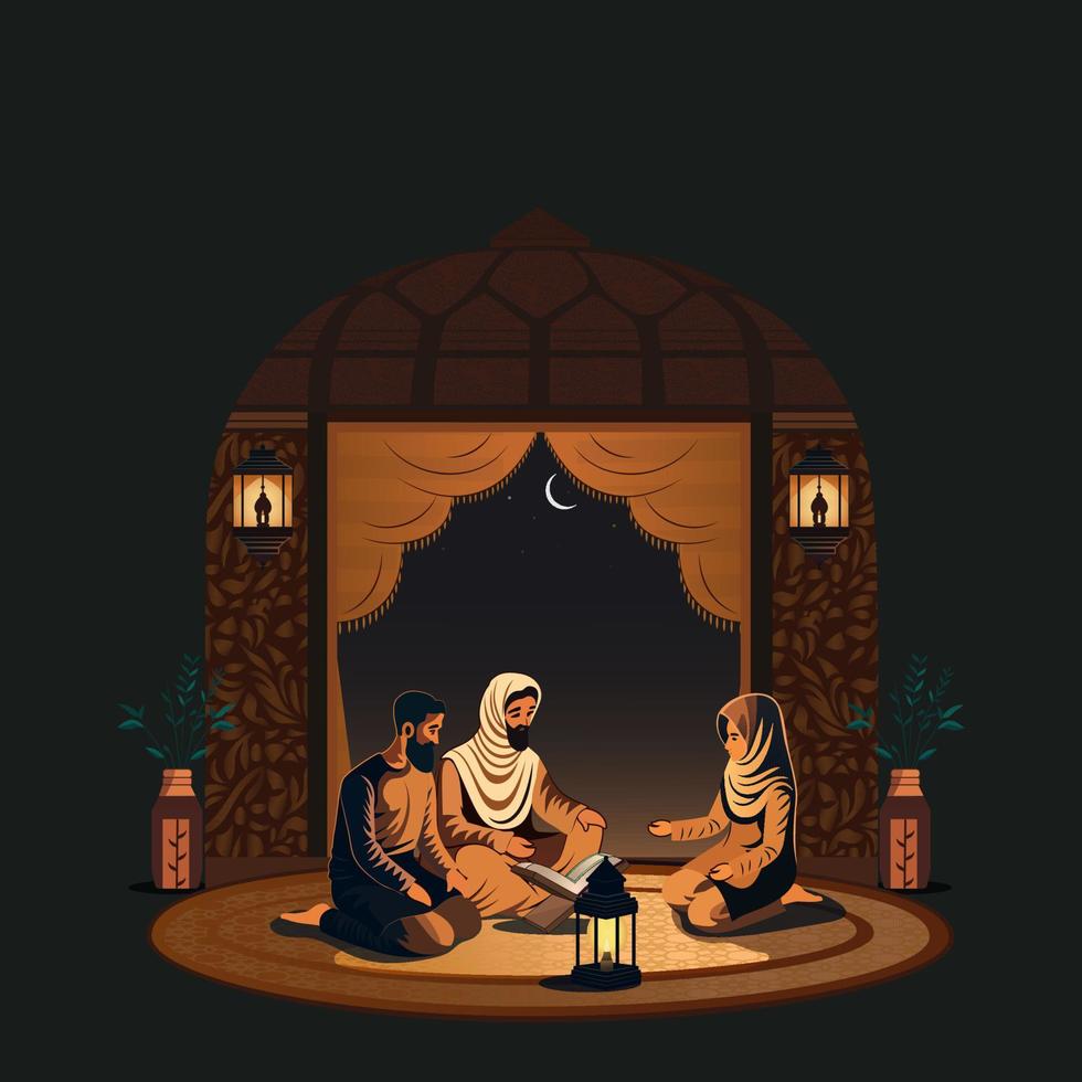 Arab Family Characters Praying Together With Quran Book, Illuminated Lamps Decorated Crescent Moon Night Background. vector