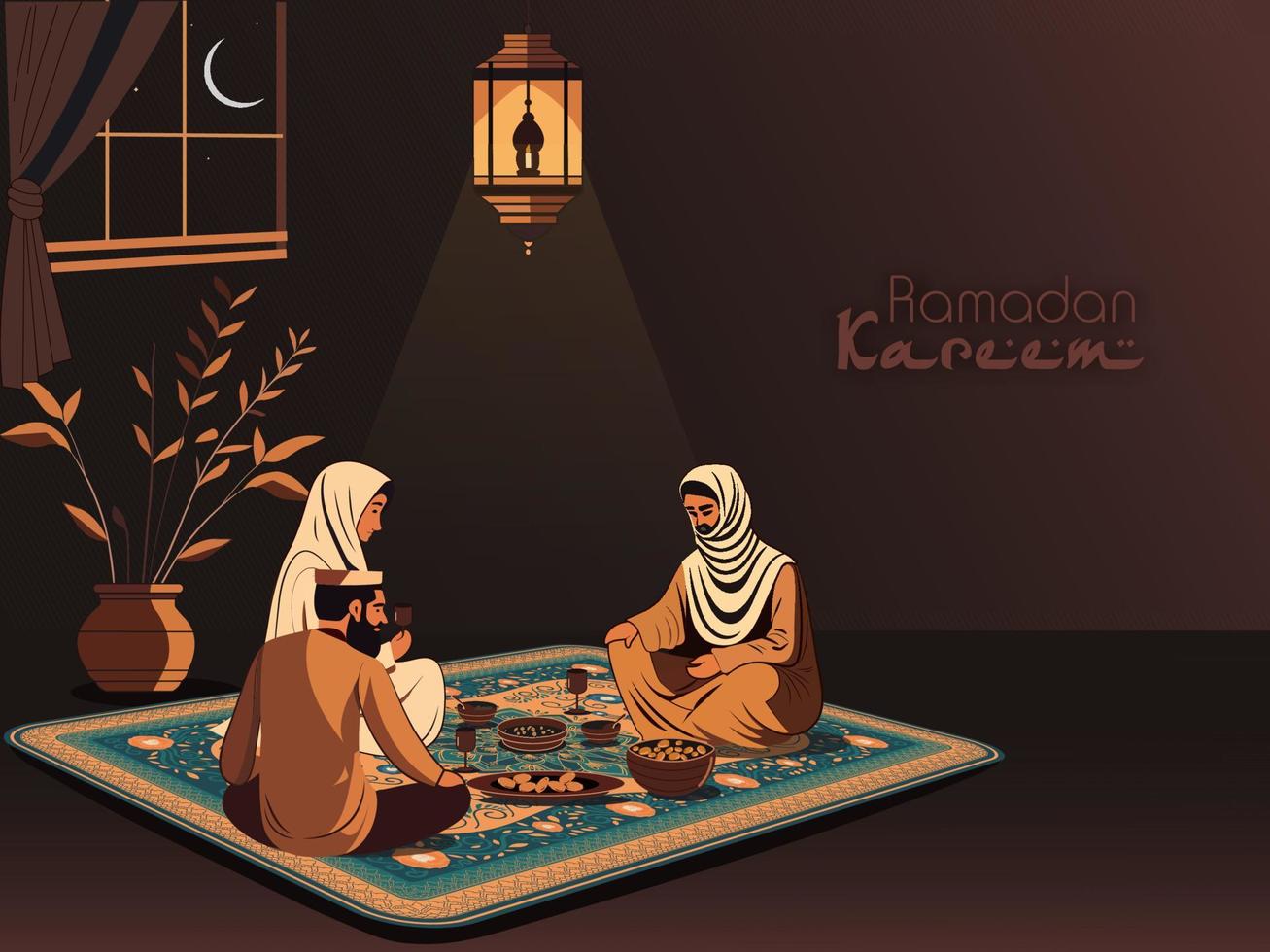 Ramadán kareem celebracion concepto con musulmán familia disfrutando delicioso comida a noche tiempo. vector