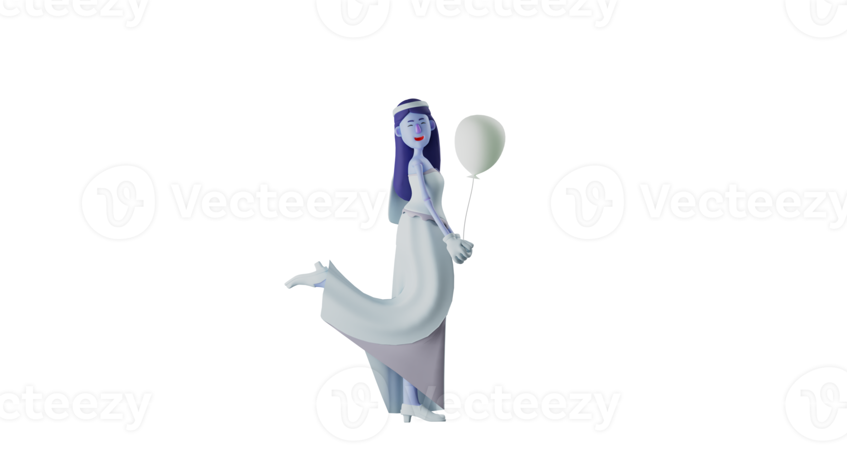 3D illustration. Beautiful Skeleton Princess 3D Cartoon Character. Skull Princess poses beautifully by lifting one leg back. Skull Princess smiled very sweetly. 3D cartoon character png
