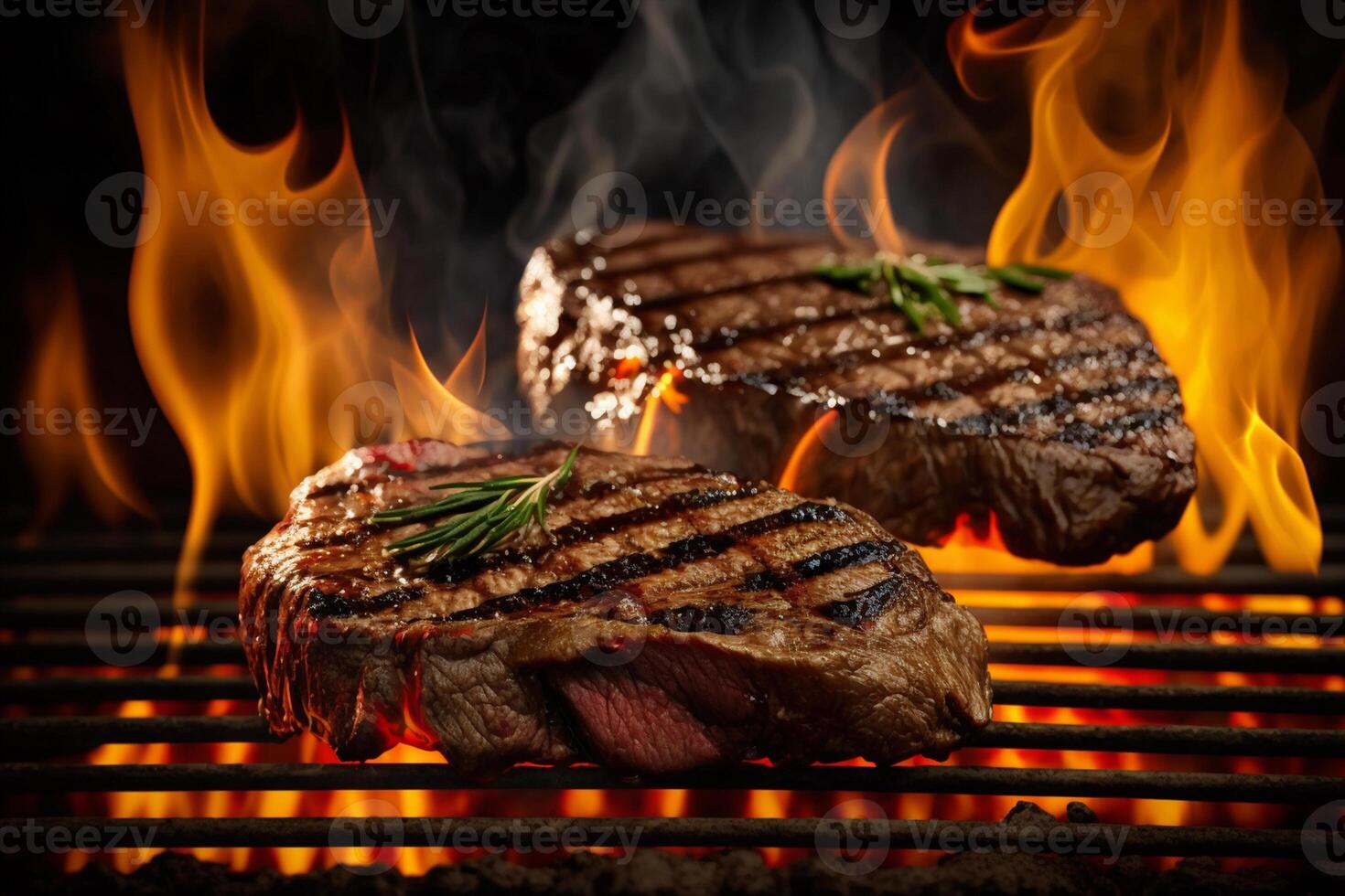 Beef steaks on the grill with flames photo
