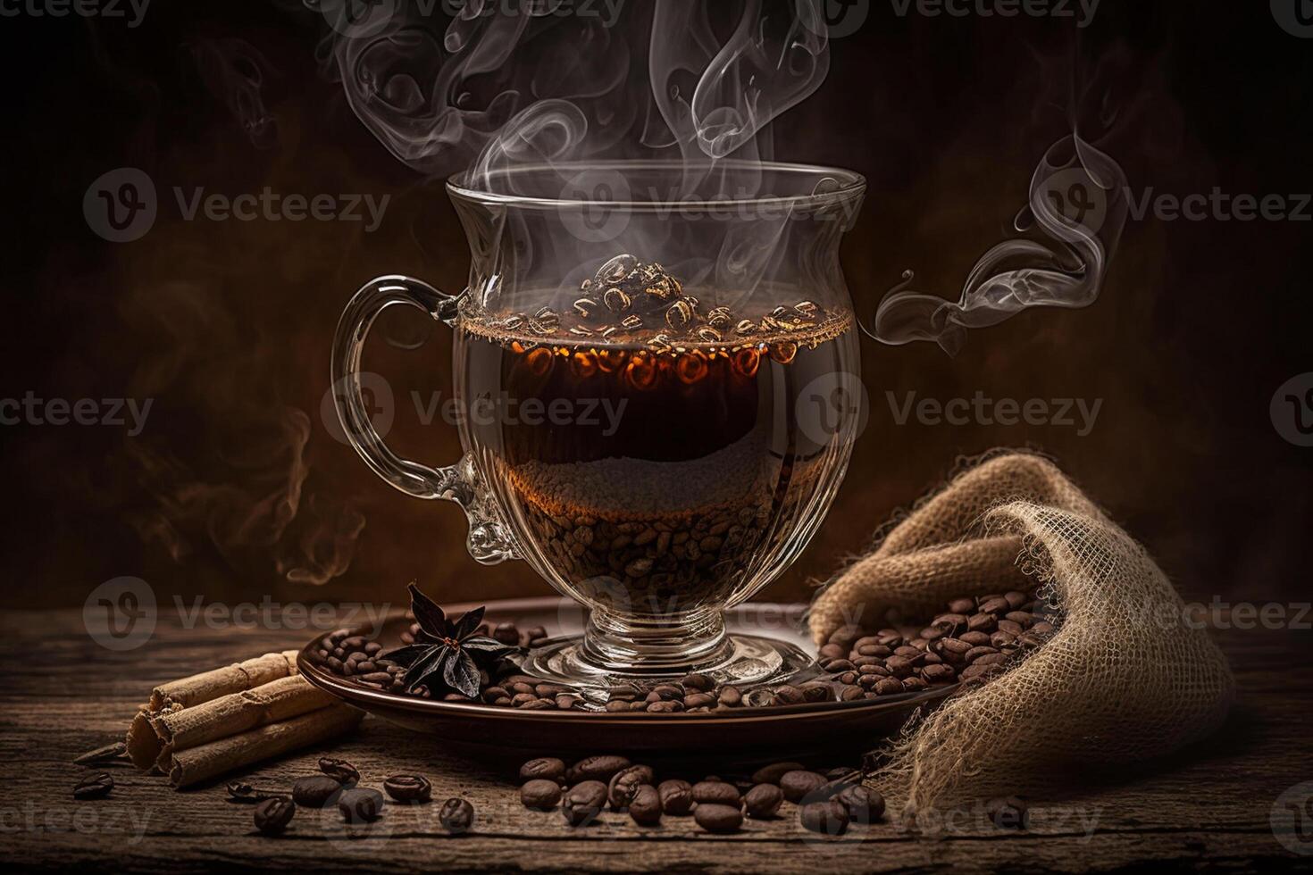 Cup glass of coffee with smoke and coffee beans on old wooden background photo