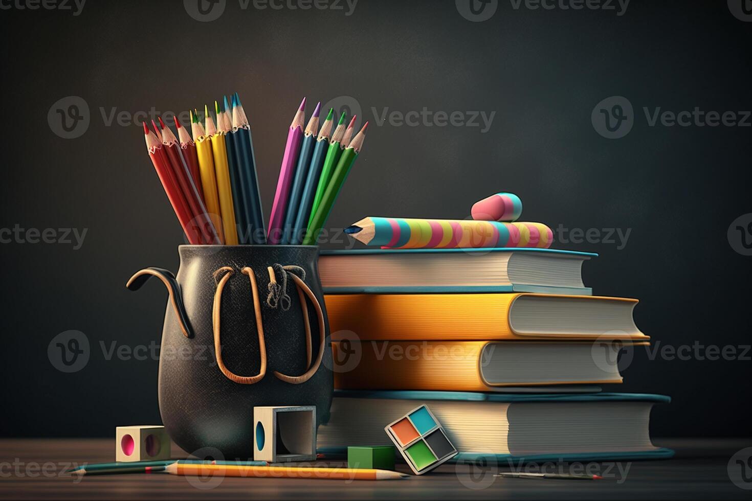 Back to school background with stack of books and school supplies in front of a black chalkboard photo