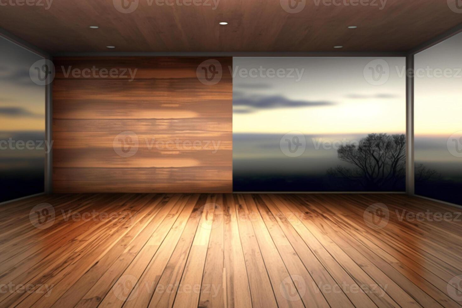 Wood Empty Surface and Living Room as Background In The Evening photo