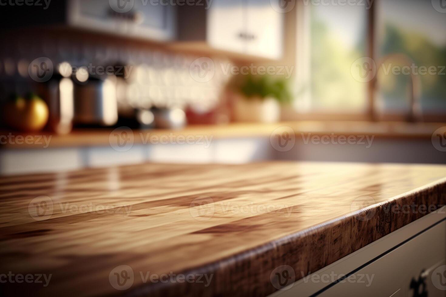 Wood tabletop on blur kitchen counter background photo