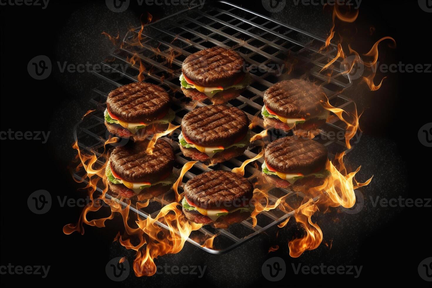 volador carne de vaca hamburguesas piezas encima ardiente parrilla red, negro antecedentes. parilla y parrilla concepto ai generado foto