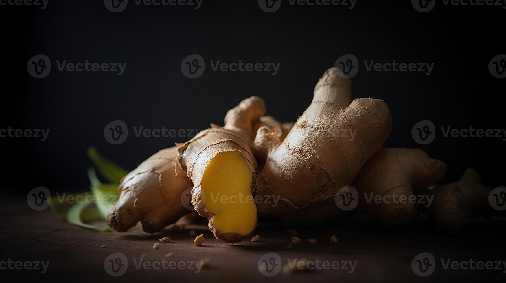 generativo ai, jengibre raíz especia fotorrealista ilustracion en oscuro antecedentes. foto