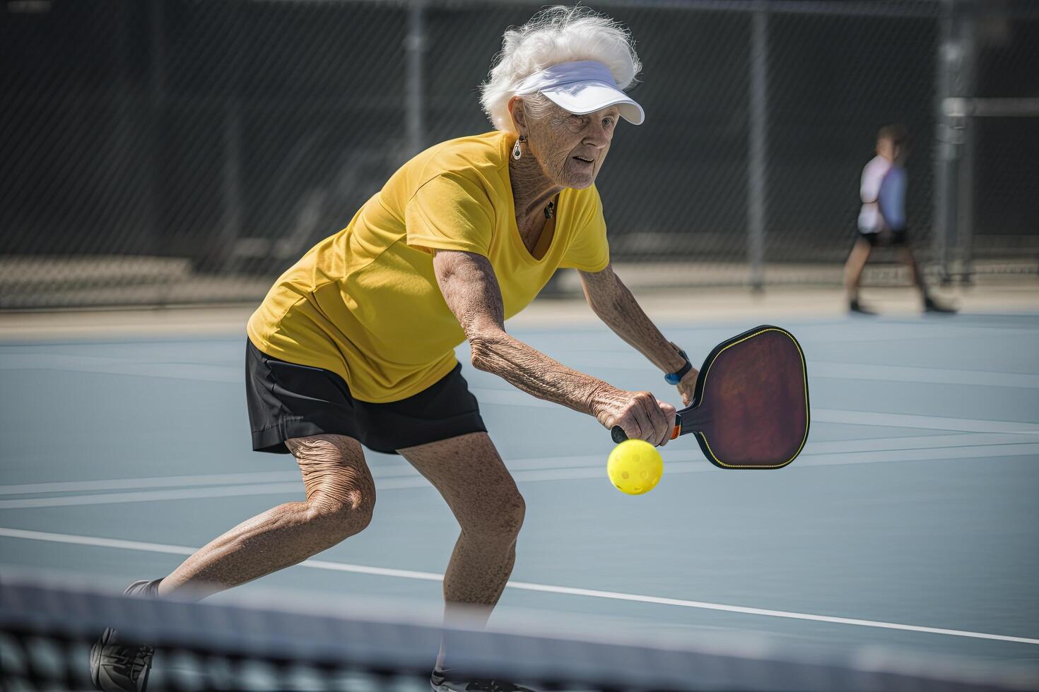 Photo of an old lady holding a pickleball racquet on a pickleball court.