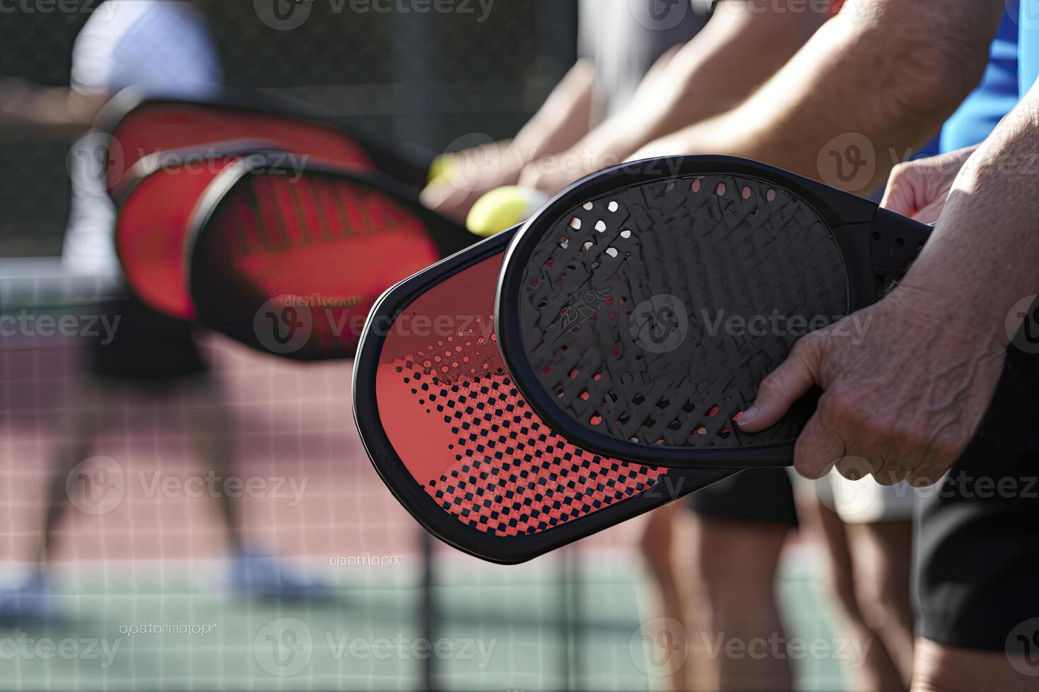 Photo of a pickle ball and racquet on a pickle ball court..