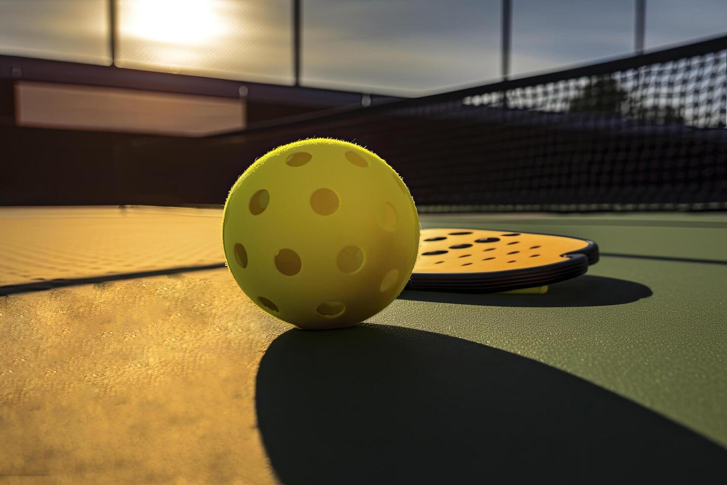 Photo of a pickle ball and racquet on a pickle ball court..