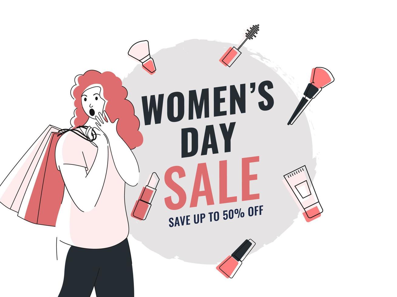 Women's Day Sale Poster Design with Discount Offer, Makeup Products and Cartoon Young Girl holding Shopping Bag on White Background. vector