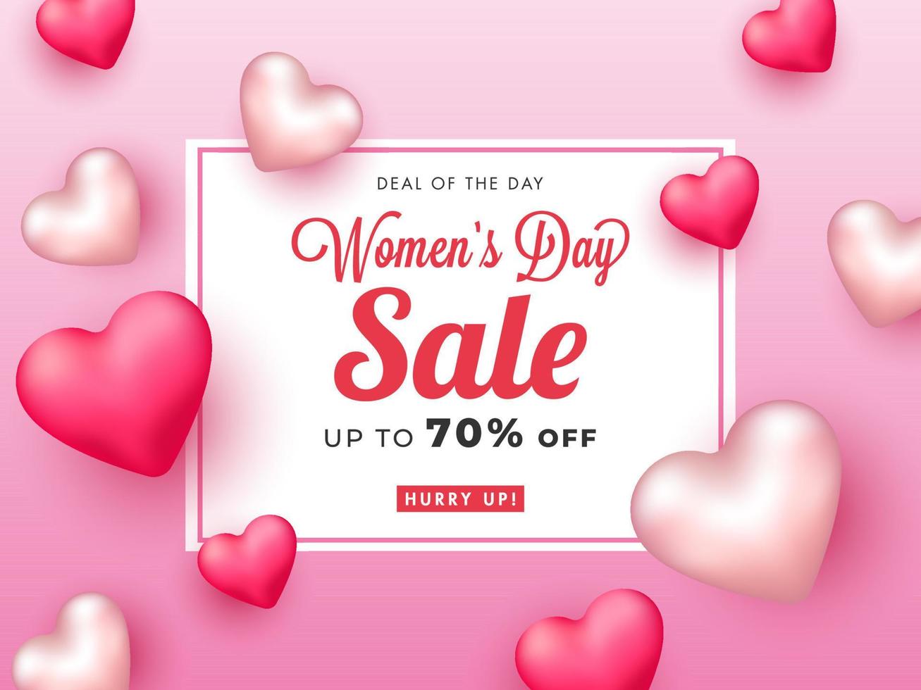 Women's Day Sale Poster Design with 3D Glossy Hearts. vector