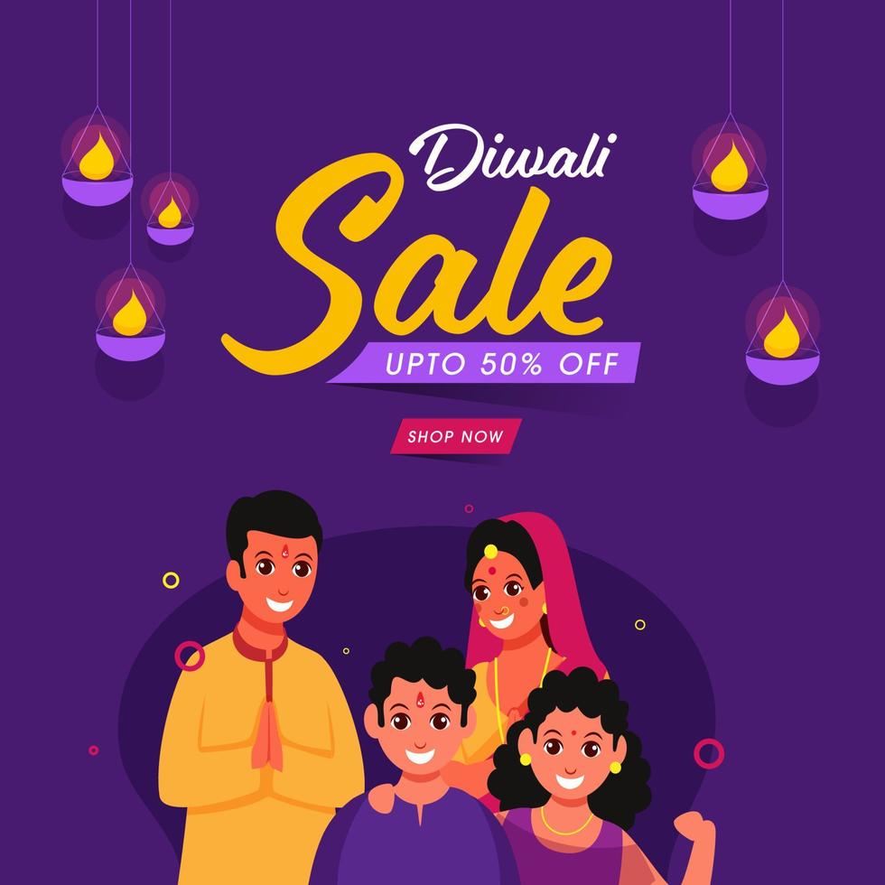 diwali rebaja póster diseño con felicidad familia personaje. vector