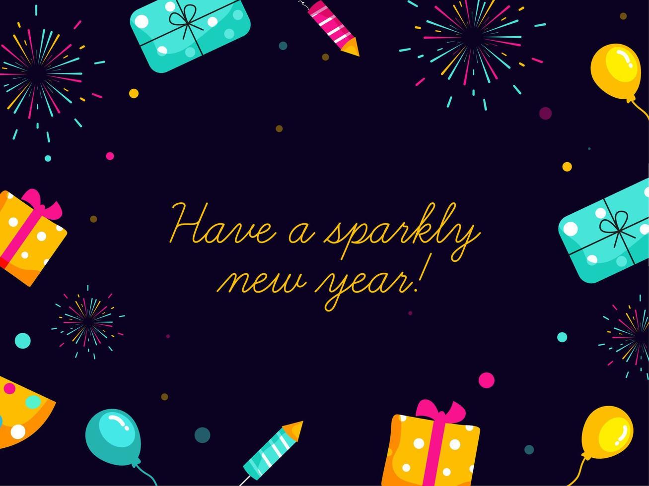 Have A Sparkly New Year Font On Dark Purple Background Decorated With Gift Boxes, Balloons And Fireworks Rocket. vector