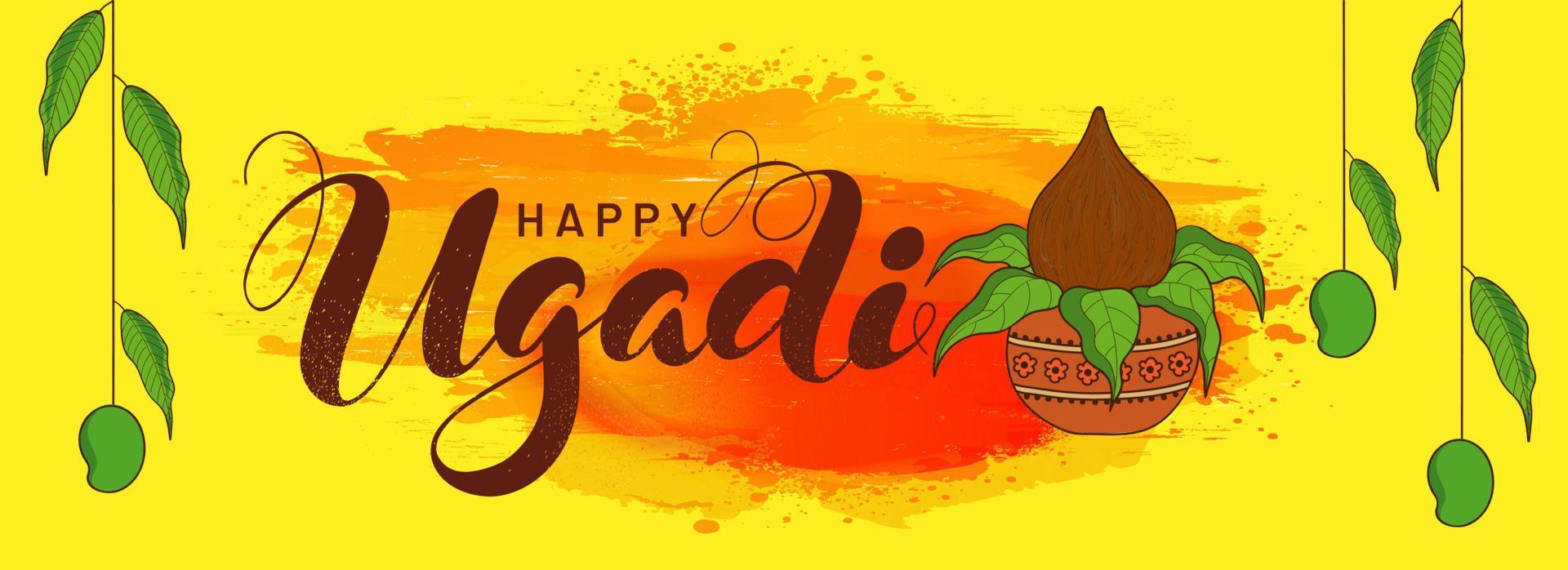 Happy Ugadi Font with Worship Pot and Hanging Raw Mangoes on Watercolor Grunge Effect Yellow Background. vector